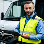 A professional male van driver in modest work trousers, a practical work shirt, and a safety vest, stands next to an open Renault Master van in a clean, industrial depot. He holds a digital tablet, pointing at a screen displaying vehicle specifications like PTAC and payload, with a focused expression. Inside the van, lightweight, professional shelving is visible, hinting at smart internal arrangements. The overall scene emphasizes diligence and understanding of vehicle limits and safety. fully clothed, appropriate attire, safe for work, perfect anatomy, correct proportions, natural pose, well-formed hands, proper finger count, professional, high quality.
